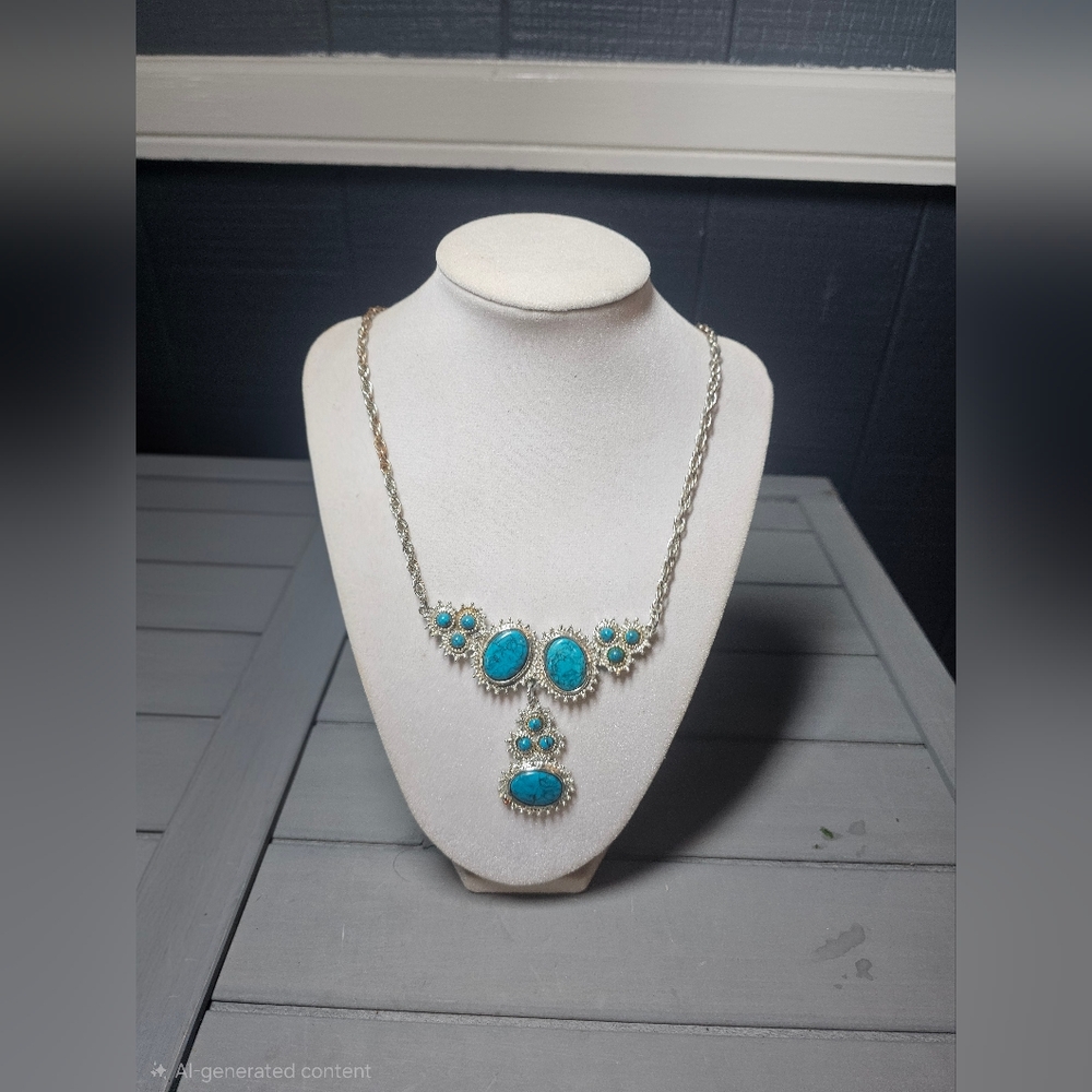 Turquoise Statement Necklace Silver Tone Chain Southwestern Boho Pendant
